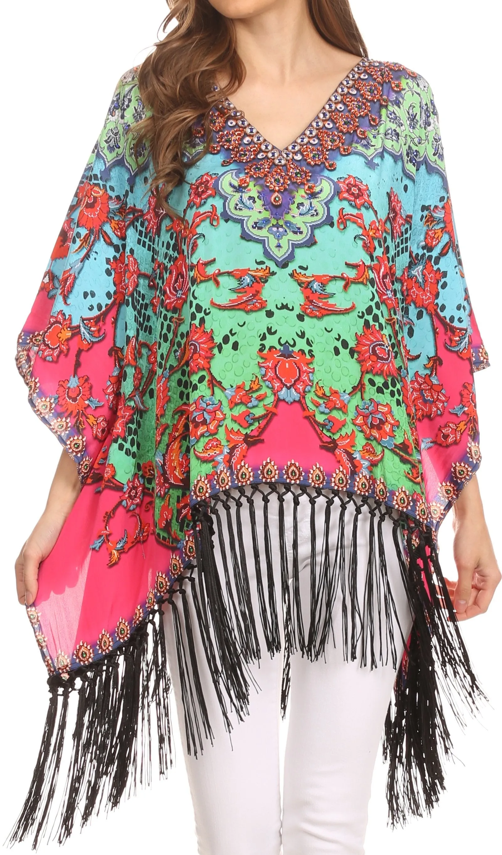 Sakkas Short Poncho Tatum Poncho Top Shirt Blouse With Knotted Fringe Tassles