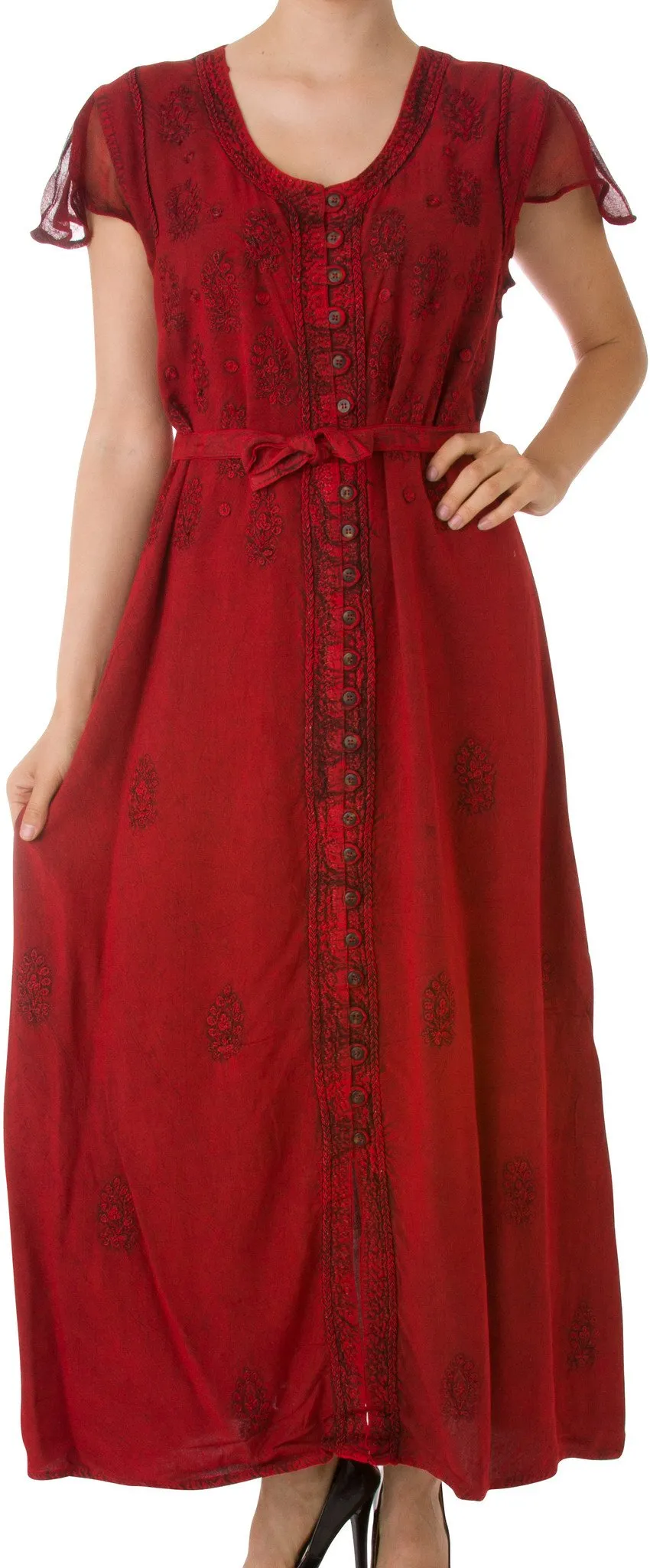 Sakkas Stonewashed Embroidered Cap Sleeve Maxi Long Dress - FINAL SALE