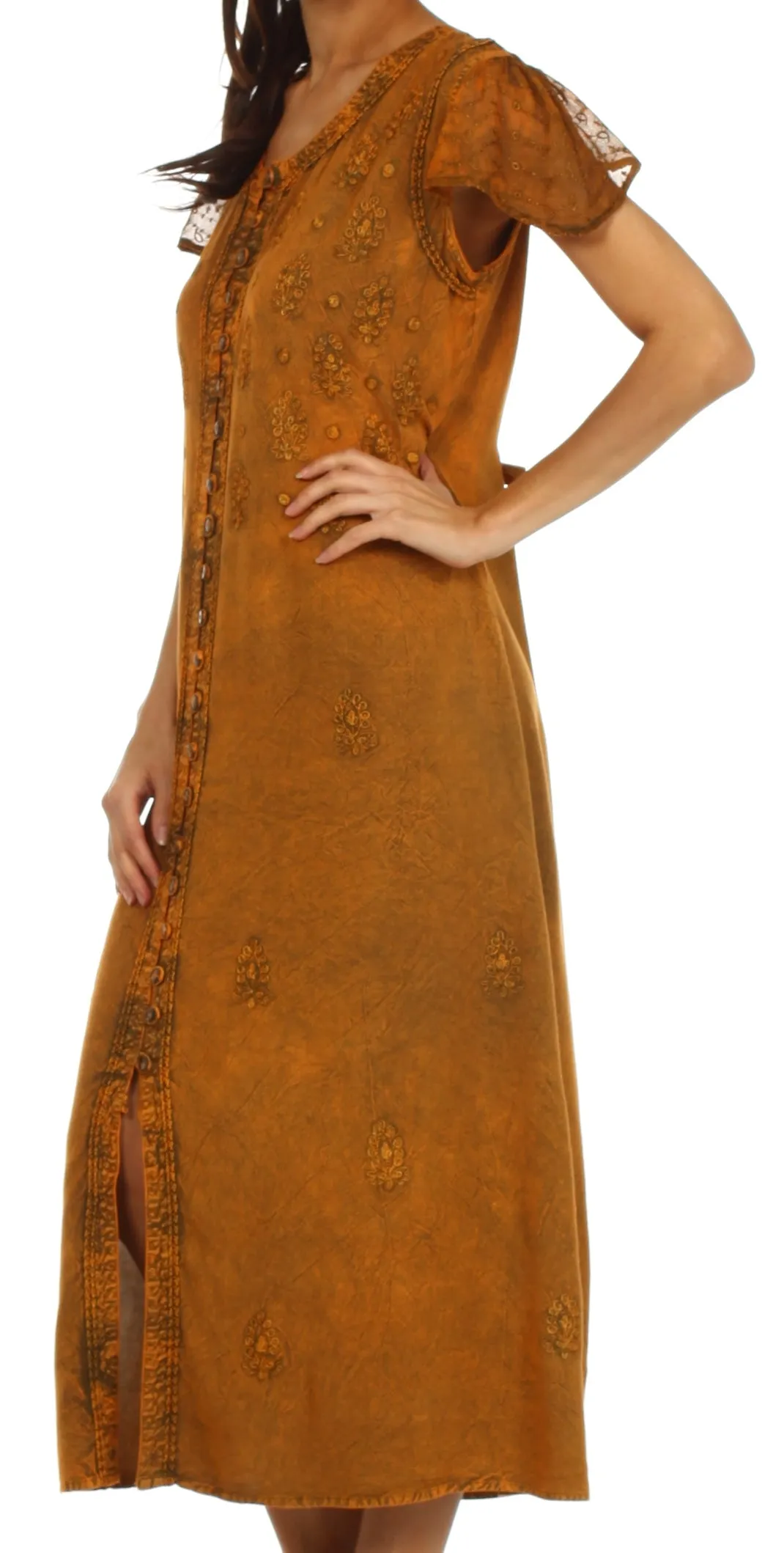 Sakkas Stonewashed Embroidered Cap Sleeve Maxi Long Dress - FINAL SALE