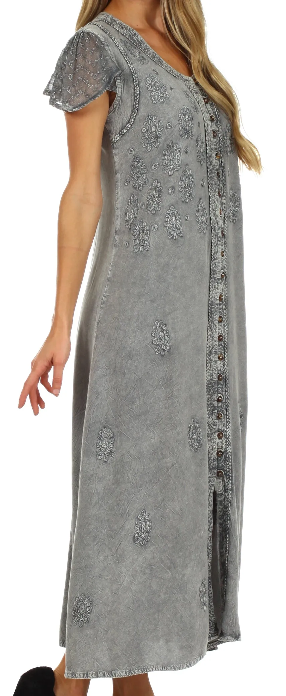 Sakkas Stonewashed Embroidered Cap Sleeve Maxi Long Dress - FINAL SALE