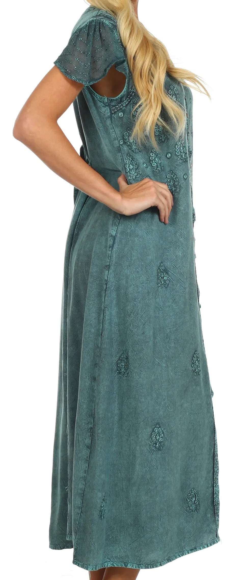 Sakkas Stonewashed Embroidered Cap Sleeve Maxi Long Dress - FINAL SALE