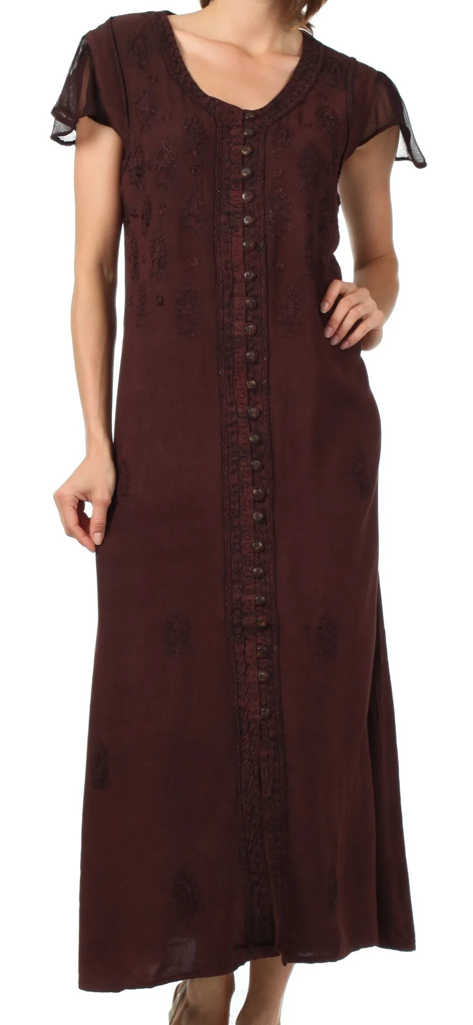 Sakkas Stonewashed Embroidered Cap Sleeve Maxi Long Dress - FINAL SALE