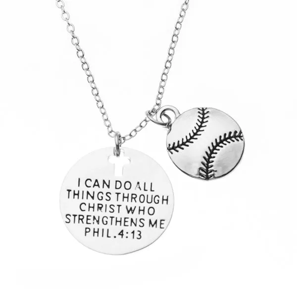 Softball Necklace, Faith I Can Do All Things Through Christ Who Strengthens Me Phil. 4:13