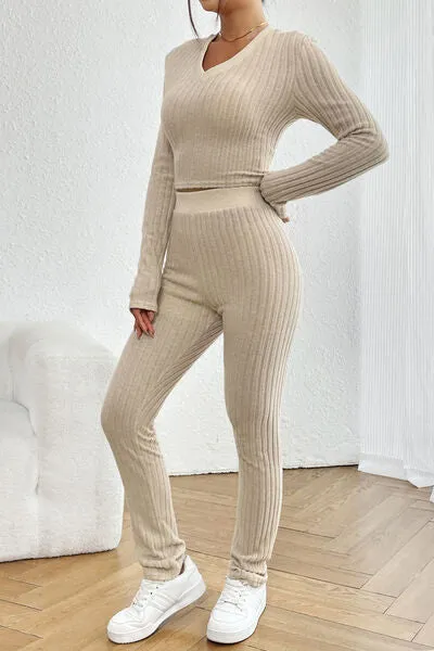 TEEK - Beige Ribbed Long Sleeve Cropped Top and Pants Set