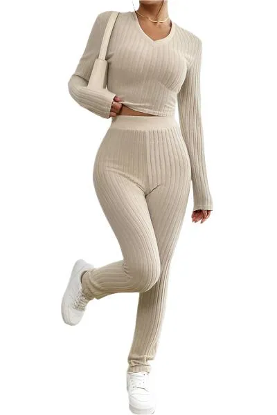 TEEK - Beige Ribbed Long Sleeve Cropped Top and Pants Set