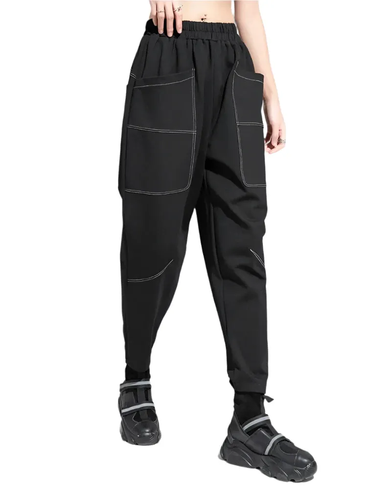 TEEK - Black Pocket Top Stitched Womens Harem Pants