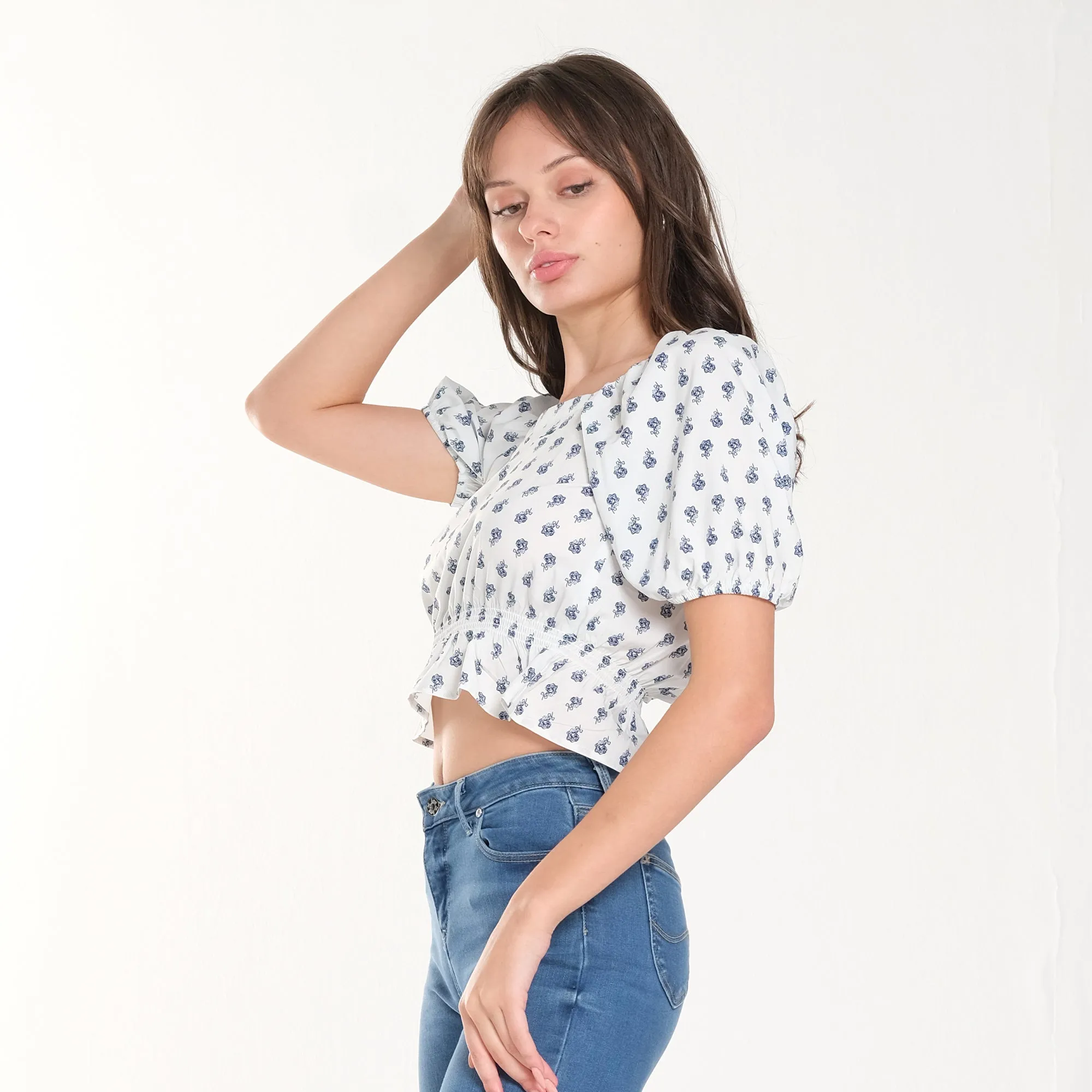 WOMENS PUFF SLEEVES CROPPED BLOUSE