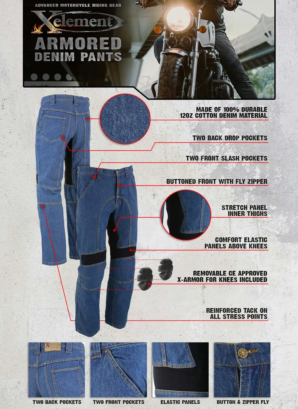 Xelement 055029 Men's Classic Fit Blue Denim Motorcycle Racing Pants